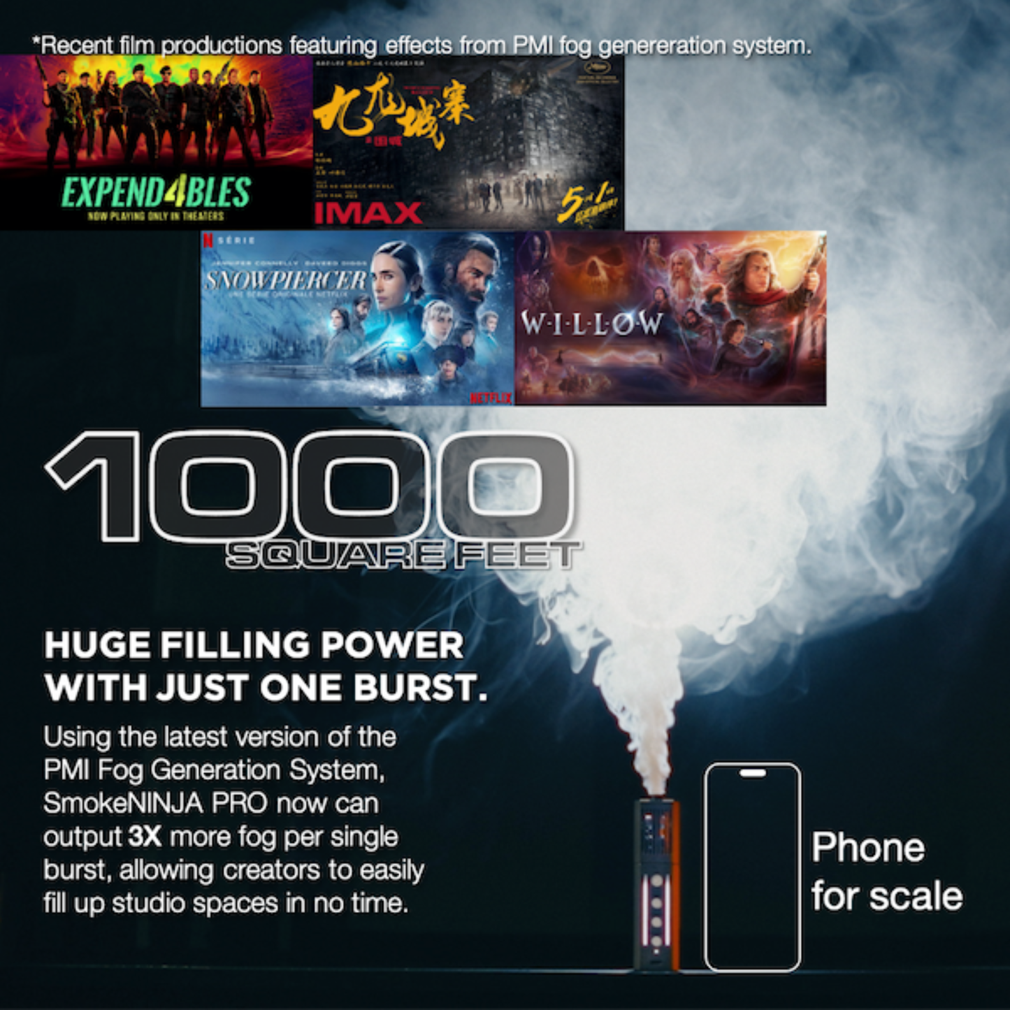 PMI’s SmokeNINJA Pro Hazer Kit (Haze, Smoke & Low Fog) fills up to 1000 sq. ft. with cinematic haze via Bluetooth control. Expend4bles and Willow posters hang above, while a phone shows the compact size of this portable unit.