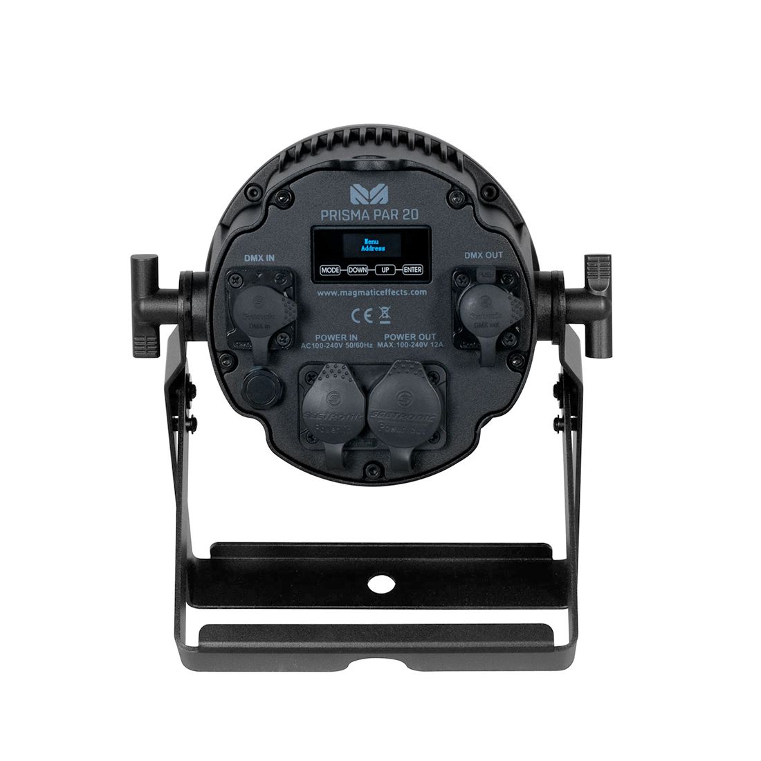 The back view of a black Magmatic Prisma Par 20 - 365nm LED stage light by Magmatic shows control ports, power inputs/outputs, and a small display screen, all mounted on an adjustable bracket. This IP65 outdoor-rated fixture features DMX-512 control for versatile operation.