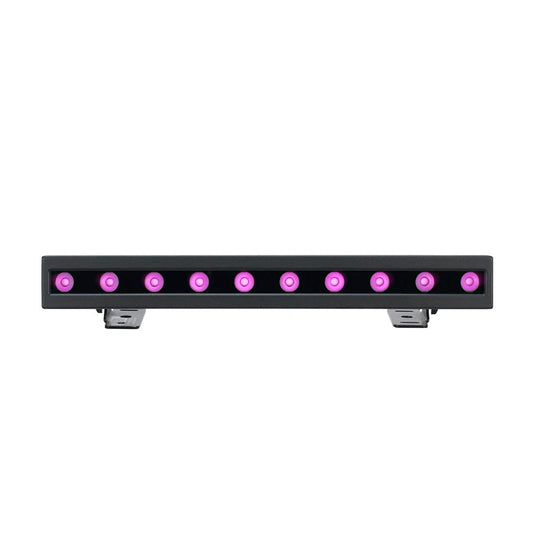 The Magmatic Prisma Mini Bar 20 - 365nm by Magmatic is a black, rectangular LED bar light featuring ten evenly spaced, small purple 365nm LED bulbs, shown from the front against a white background—ideal for IP65 linear UV-A wash effects and outdoor wall grazing applications.