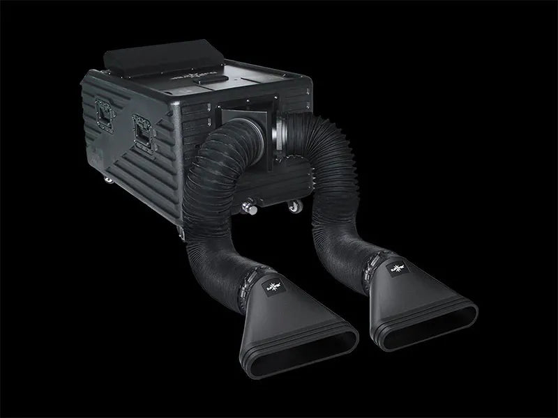 The DJ Power AQUA LOW FOG MACHINE, a black industrial device by DJ Power, features two flexible hoses each terminating in a wide nozzle and is shown against a solid black background.