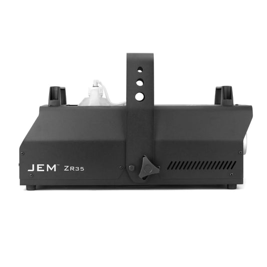 A black JEM ZR35 230V/50-60Hz fog machine featuring a top-mounted mounting bracket and a visible fluid container.