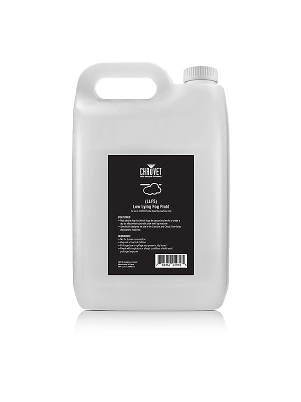 A large white plastic container with a handle and screw cap, labeled Chauvet - Low Level Fog Fluid (LLF5) by Chauvet, featuring product details and a barcode on the black label.
