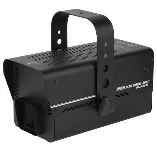 The black, rectangular JEM Martin Dual Rush Club HAZE HEAD 230V 900W features a top handle, air vents, indicator lights, and side labeling—offering DMX-controlled operation for versatile haze effects.