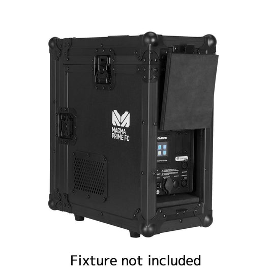 The Elation-Magmatic Magma Prime FC Flight Case features reinforced corners, a vented side panel, and a partially open front panel for superior equipment protection. Text below reads, Fixture not included.