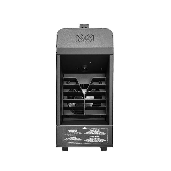 The Elation Magma Prime II by Elation, a black compact fazer with a vent, fan, and warning labels on the front, is photographed against a white background.