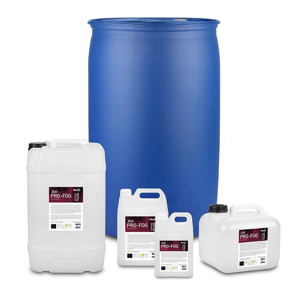 Five containers, including a large blue drum and four white jugs labeled JEM PRO-FOG, hold high density Martin/JEM Pro-Fog Fluid (Smoke) for long-lasting fog effects. All are set against a plain white background. Brand: JEM.
