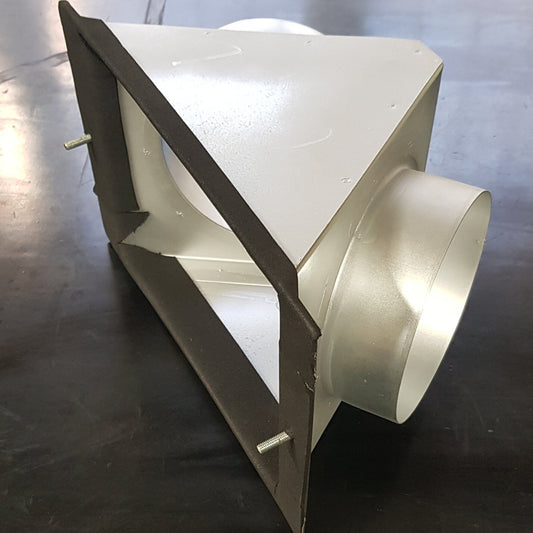 The HazeTech Ducting Adaptor for JEM Martin Glaciator X-Stream or Original Glaciator features a metallic body, triangular flange, two side bolts, circular outlet, and black foam gasket—perfect for secure duct connections.