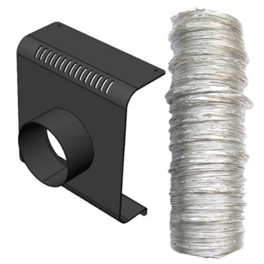 A black metal vent adapter with a round duct connector from the JEM Martin ZR45 Ducting System sits beside a coiled silver flexible duct, both displayed on a white background.