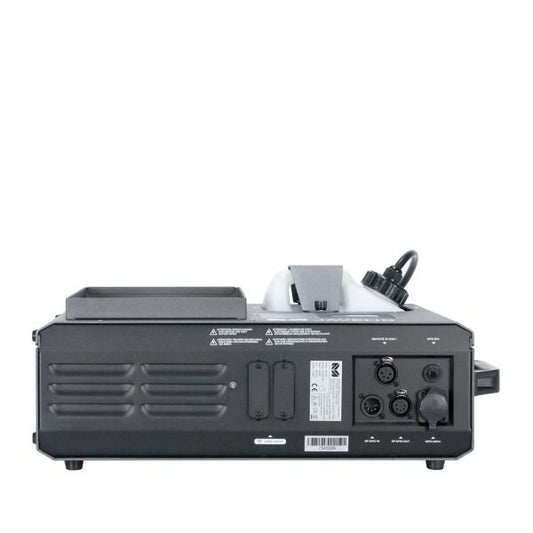 Rear view of the Elation-Magmatic Javelin Up Smoke 1450W CO2 simulator shows ports, vents, power cable, control panel, warning labels, and Rocket series input/output/power connectors on the back panel.