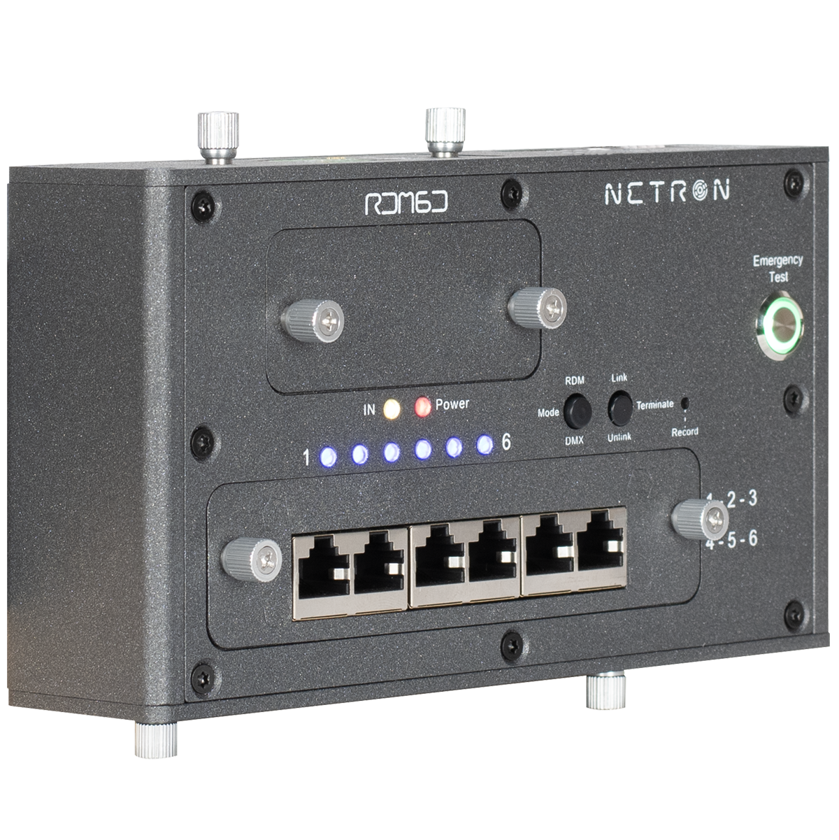 A black Obsidian NETRON RDM6D network device from Obsidian Control Systems, featuring six Ethernet ports, LED status indicators, labeled buttons, and a green emergency test light on the front panel. This DMX-compatible unit provides reliable RDM support, making it an excellent choice for professional lighting control networks using NETRON devices.
