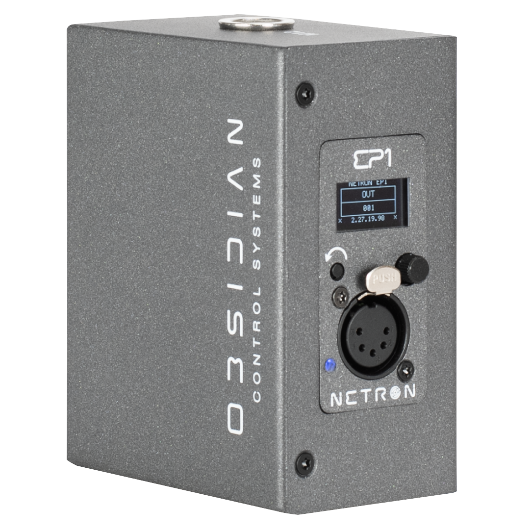 A gray metal device labeled Obsidian Control Systems, identified as the NETRON EP1, features a small screen on its front panel that displays “OUT” and other information. It includes a round RDM compatible port connector and a clearly labeled button. This unit serves as an Ethernet to DMX gateway, supporting both sACN and Art-Net protocols for versatile lighting control applications.