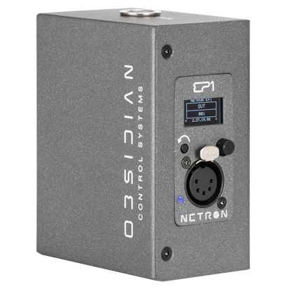 A gray metal device labeled Obsidian Control Systems, identified as the NETRON EP1, features a small screen on its front panel that displays “OUT” and other information. It includes a round RDM compatible port connector and a clearly labeled button. This unit serves as an Ethernet to DMX gateway, supporting both sACN and Art-Net protocols for versatile lighting control applications.