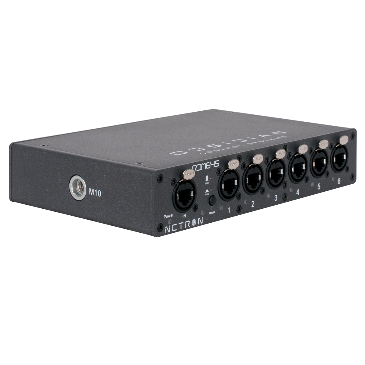 The Obsidian Control Systems NETRON RDM 645 is a black device featuring six numbered XLR inputs, two RJ45 ports, indicator lights, and an M10 mounting hole, designed as a robust DMX splitter for professional audio or lighting control systems in live production environments.