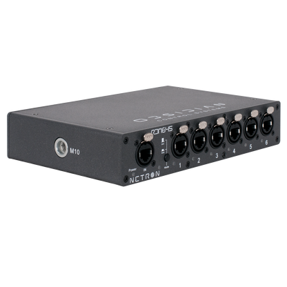 The Obsidian Control Systems NETRON RDM 645 is a black device featuring six numbered XLR inputs, two RJ45 ports, indicator lights, and an M10 mounting hole, designed as a robust DMX splitter for professional audio or lighting control systems in live production environments.