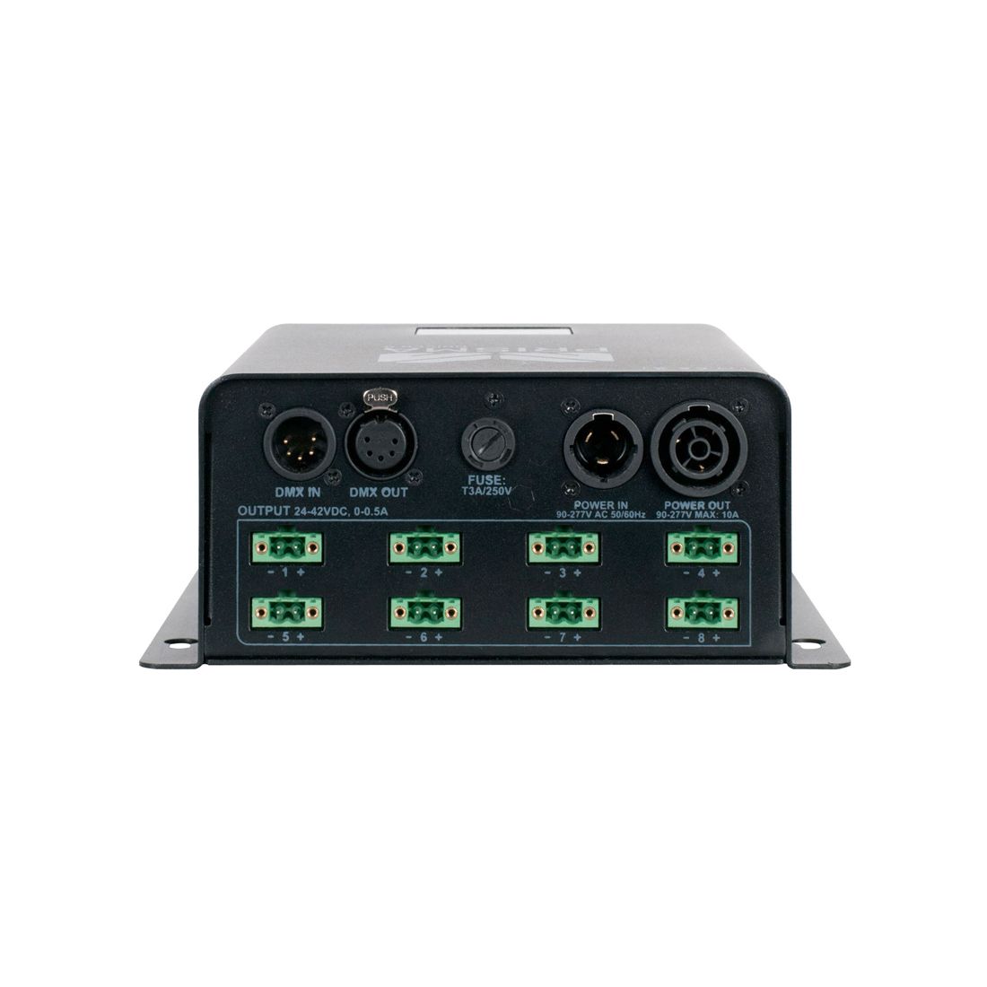 The Magmatic Prisma Driver 8 is a black electronic controller from Magmatic featuring multiple clearly labeled input and output ports, including DMX-512 control IN/OUT, fuse, power connectors, and six green terminal blocks along the bottom edge. Compact in design, this Prisma Mini UV driver operates at 48VDC to ensure reliable performance in professional lighting applications.