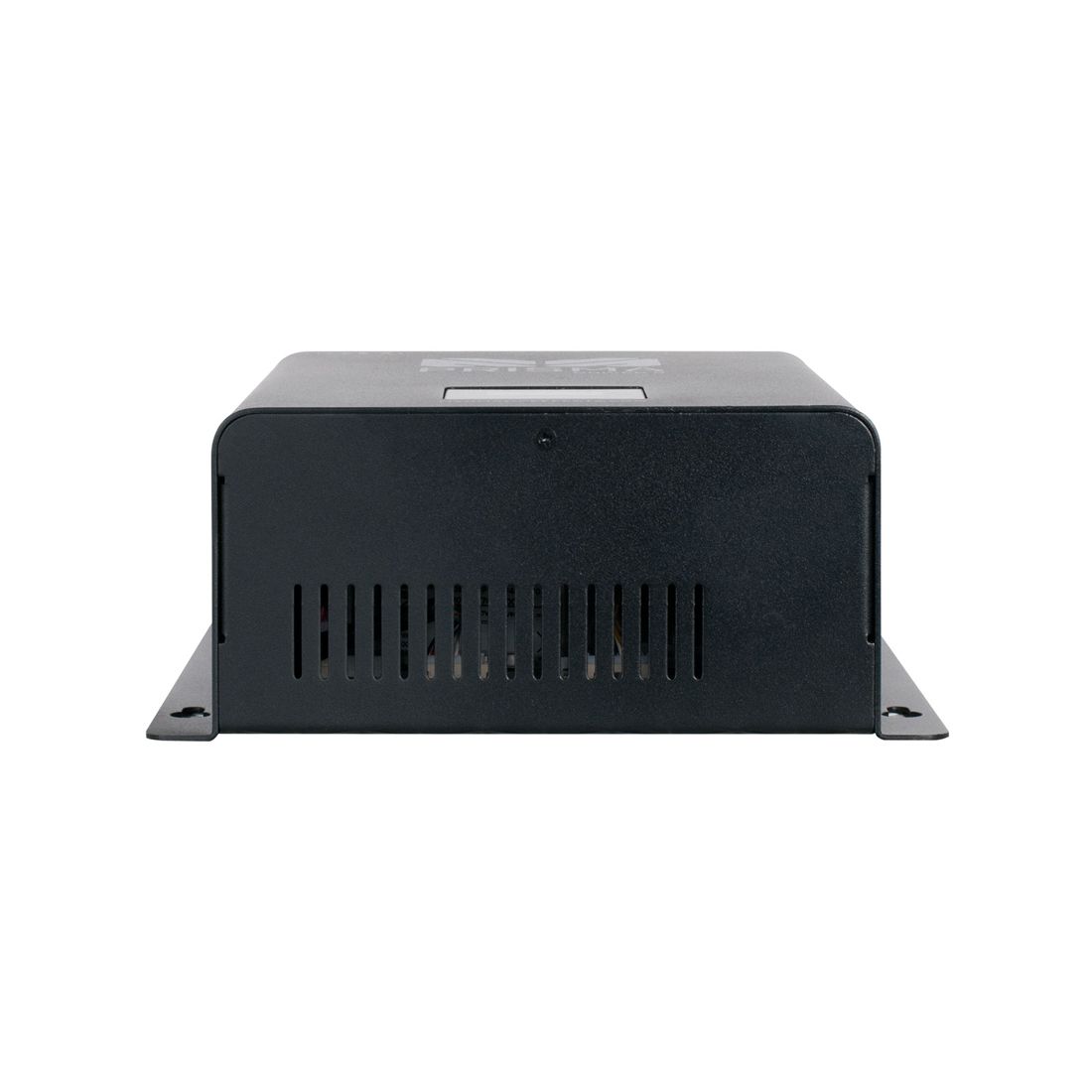 Front view of a black metal Magmatic Prisma Driver 8 electronic device enclosure with vent slits and mounting flanges on each side, designed to house a Prisma Mini UV driver or 48VDC driver for DMX-512 control, displayed against a white background.