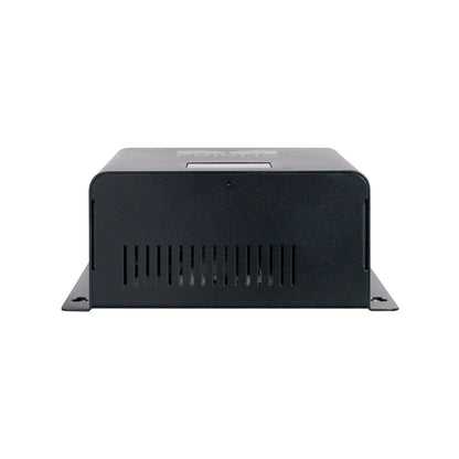 Front view of a black metal Magmatic Prisma Driver 8 electronic device enclosure with vent slits and mounting flanges on each side, designed to house a Prisma Mini UV driver or 48VDC driver for DMX-512 control, displayed against a white background.