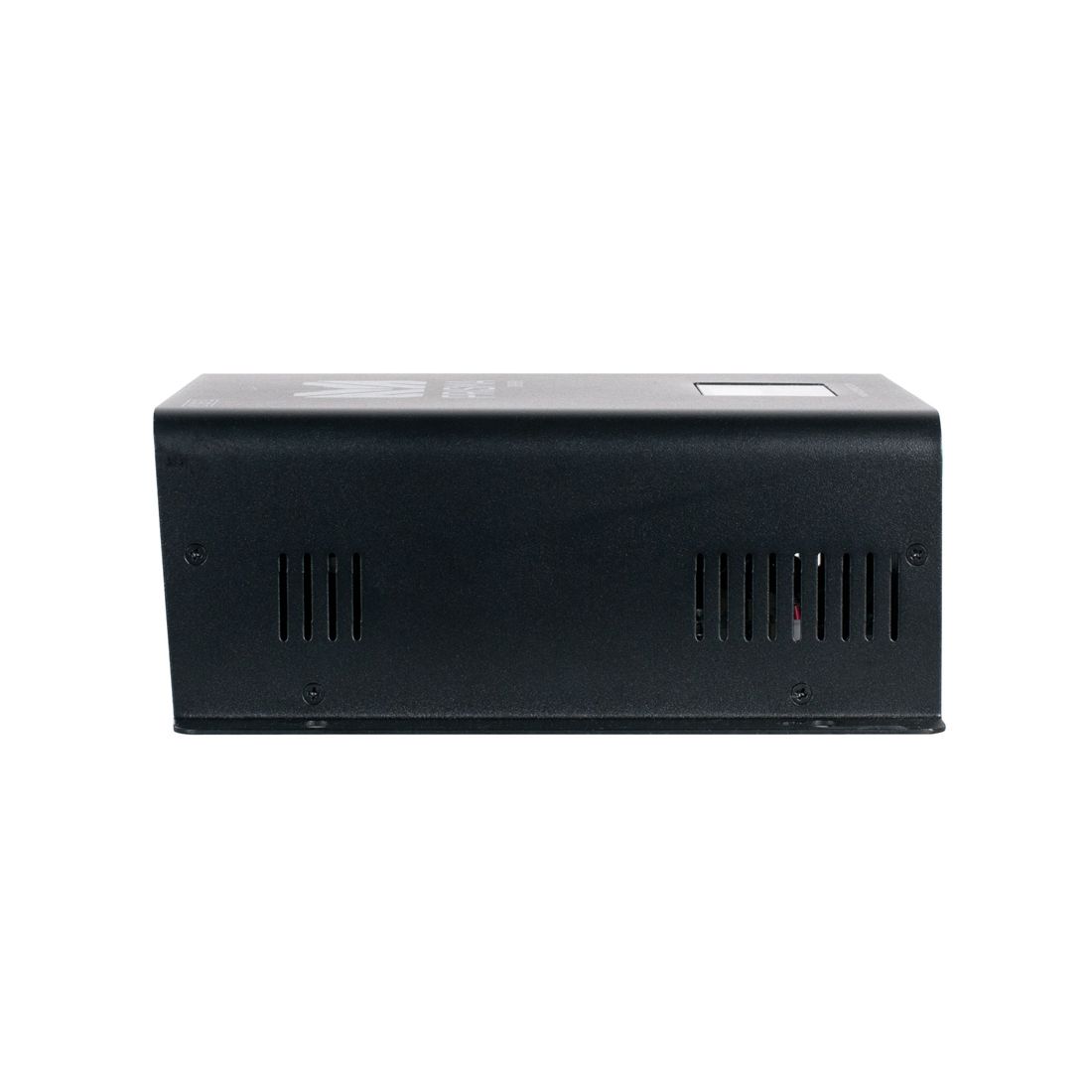 A black rectangular Magmatic Prisma Driver 8 electronic device with air vents on the side, shown from a side view against a white background, featuring DMX-512 control for versatile operation.