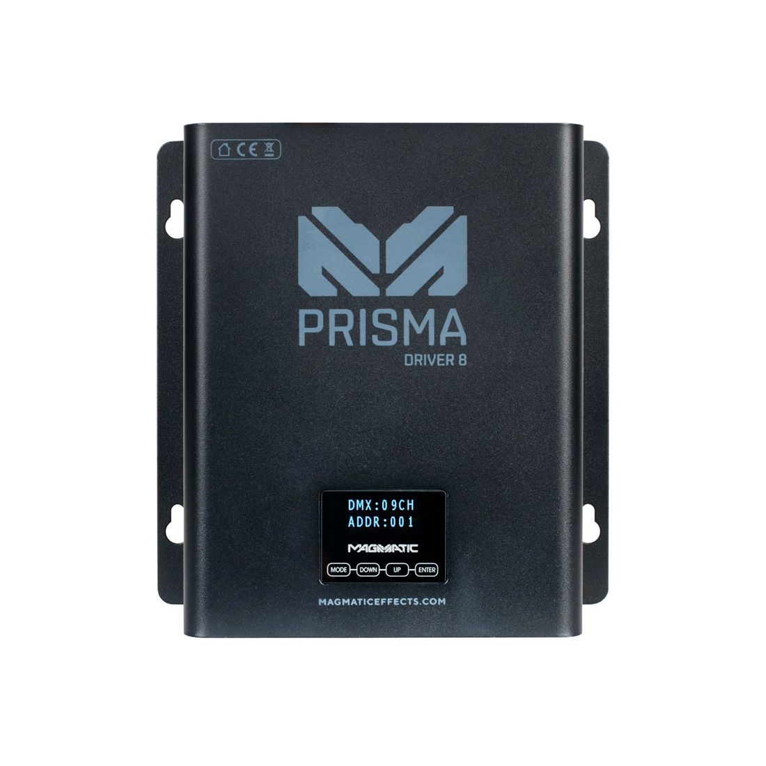 Rectangular black Magmatic Prisma Driver 8 device with mounting flanges, logo, and digital display screen labeled DMX: 09CH ADDR: 001, featuring DMX-512 control and Magmatic branding.