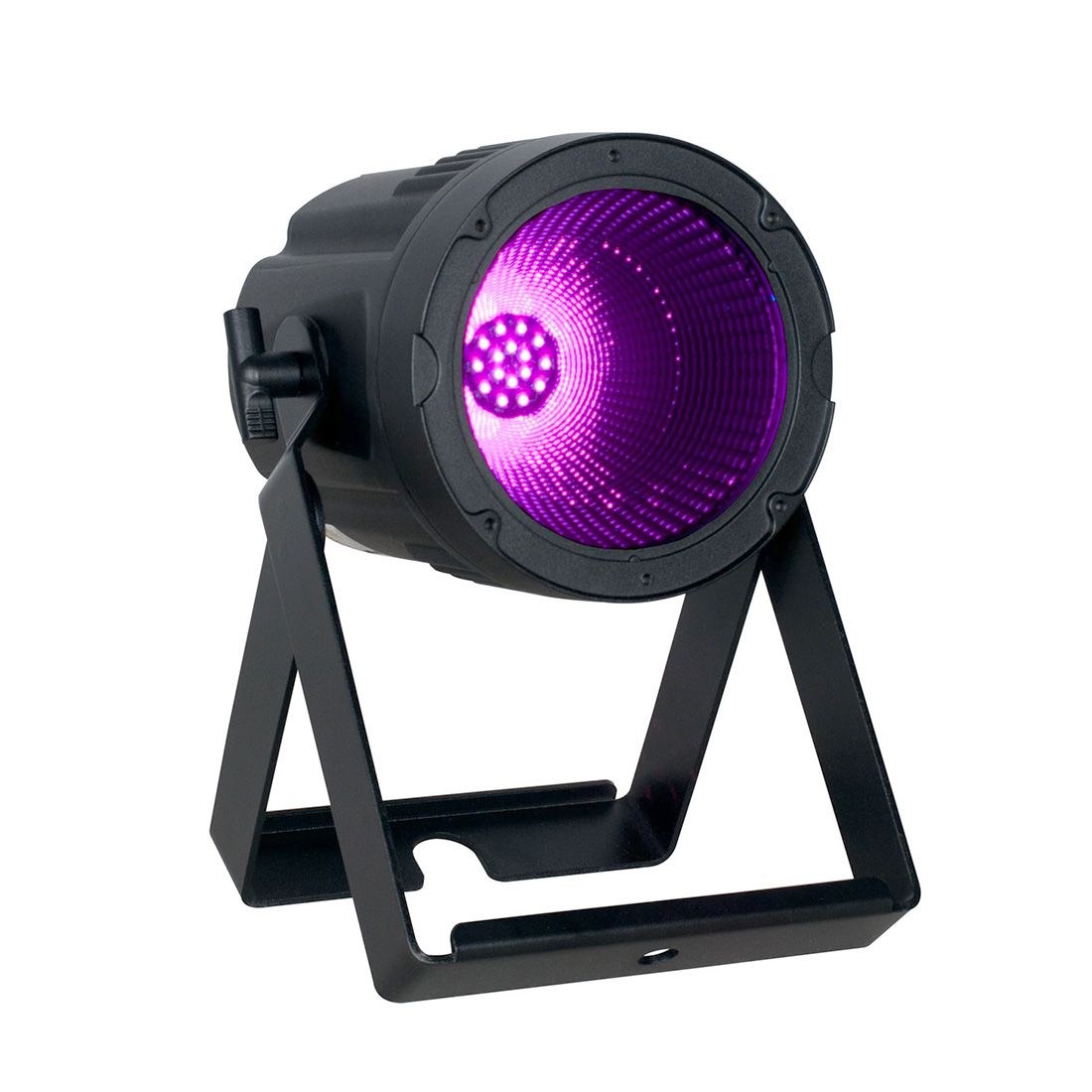 The Magmatic Prisma Par 50 - 365nm by Magmatic is a black LED stage light that emits a round purple glow, mounted on a metal stand and angled slightly upward—ideal for outdoor lighting setups.
