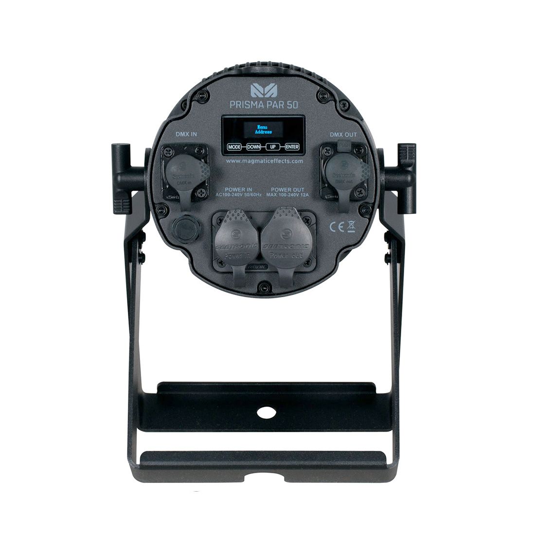 Rear view of the Magmatic Prisma Par 50 - 365nm, an IP65-rated UV-A PAR stage lighting fixture by Magmatic, featuring clearly visible input/output ports, robust power connections, and a durable mounting bracket designed for reliable outdoor installations. The fixture displays its control panel and connectors prominently, while its 365nm LED components deliver efficient ultraviolet light performance.