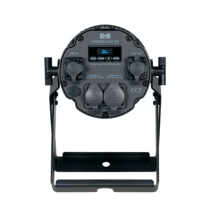 Rear view of the Magmatic Prisma Par 50 - 365nm, an IP65-rated UV-A PAR stage lighting fixture by Magmatic, featuring clearly visible input/output ports, robust power connections, and a durable mounting bracket designed for reliable outdoor installations. The fixture displays its control panel and connectors prominently, while its 365nm LED components deliver efficient ultraviolet light performance.