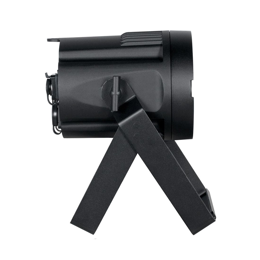 A side view of the Magmatic Prisma Par 50 - 365nm by Magmatic, a black LED spotlight positioned on a foldable stand with two angled legs, is displayed against a white background. Engineered for outdoor lighting applications, this model features an IP65 UV-A par housing and incorporates advanced 365nm LED technology to ensure enhanced performance.