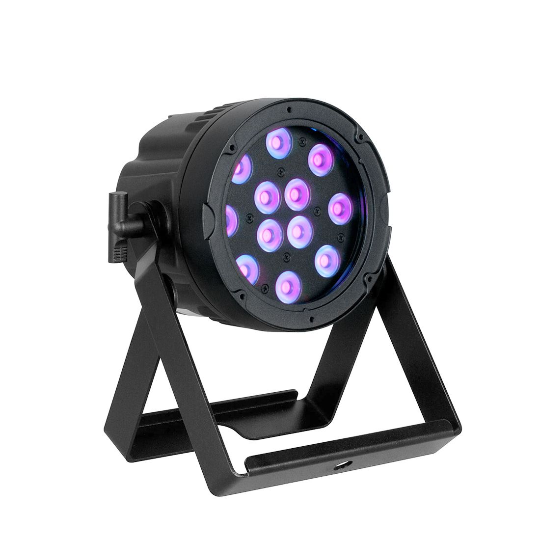 The Magmatic Prisma Par 20 - 365nm by Magmatic is a black LED stage light featuring a circular array of purple and white bulbs, mounted on a metal stand and angled slightly upward. It is equipped with 365nm UV-A LEDs and DMX-512 control for versatile lighting effects. With its IP65 outdoor rating, this fixture is ideal for both indoor and outdoor events.