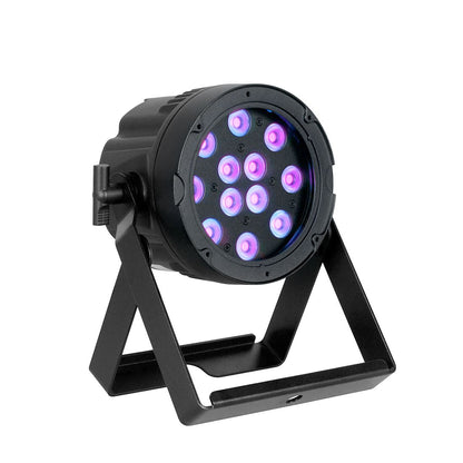 The Magmatic Prisma Par 20 - 365nm by Magmatic is a black LED stage light featuring a circular array of purple and white bulbs, mounted on a metal stand and angled slightly upward. It is equipped with 365nm UV-A LEDs and DMX-512 control for versatile lighting effects. With its IP65 outdoor rating, this fixture is ideal for both indoor and outdoor events.