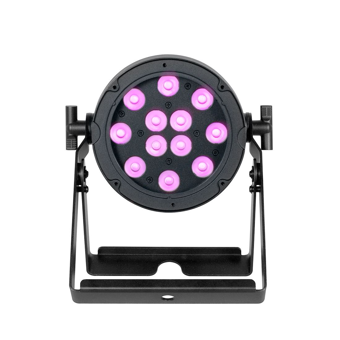 A black, round Magmatic Prisma Par 20 - 365nm LED stage light by Magmatic, equipped with twelve glowing pink bulbs and mounted on a simple black stand facing forward against a white background, featuring DMX-512 control for precise lighting adjustments.