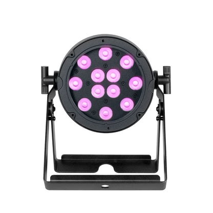 A black, round Magmatic Prisma Par 20 - 365nm LED stage light by Magmatic, equipped with twelve glowing pink bulbs and mounted on a simple black stand facing forward against a white background, featuring DMX-512 control for precise lighting adjustments.
