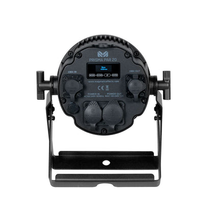 The back view of a black Magmatic Prisma Par 20 - 365nm LED stage light by Magmatic shows control ports, power inputs/outputs, and a small display screen, all mounted on an adjustable bracket. This IP65 outdoor-rated fixture features DMX-512 control for versatile operation.