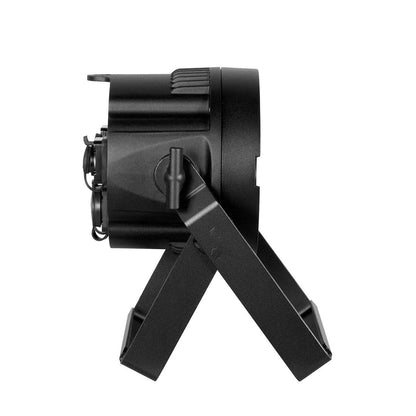 Side view of a Magmatic Prisma Par 20 - 365nm black stage LED spotlight with adjustable metal legs forming a stable base, set against a white background. Featuring DMX-512 control, this versatile Magmatic fixture offers precise lighting effects for professional applications.