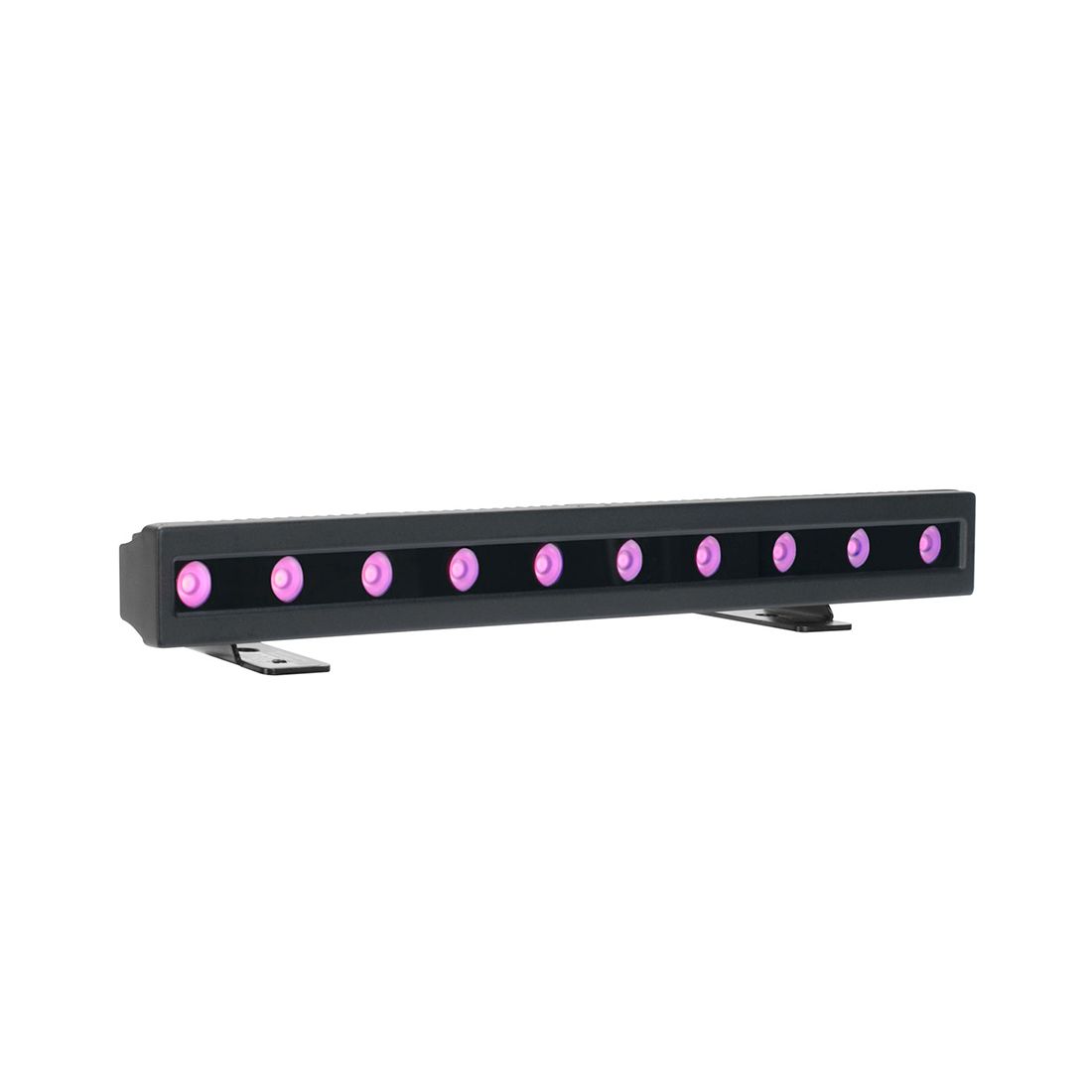 The Magmatic Prisma Mini Bar 20 - 365nm by Magmatic is a black rectangular LED light bar featuring ten evenly spaced 365nm UV-A purple LEDs, mounted on two brackets. Designed for stage or accent lighting, this IP65 linear fixture is ideal for outdoor wall grazing applications.