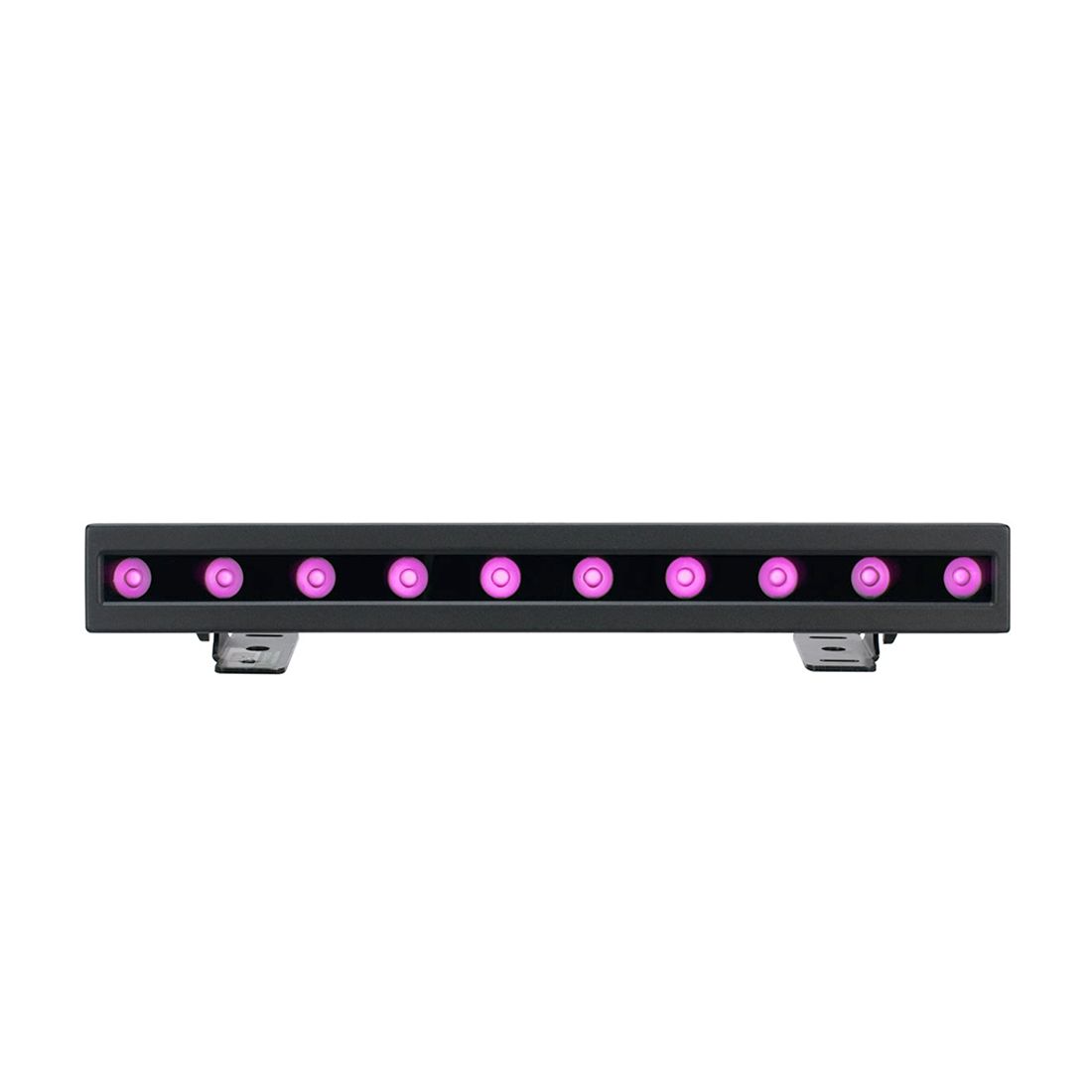 The Magmatic Prisma Mini Bar 20 - 365nm by Magmatic is a black, rectangular LED bar light featuring ten evenly spaced, small purple 365nm LED bulbs, shown from the front against a white background—ideal for IP65 linear UV-A wash effects and outdoor wall grazing applications.