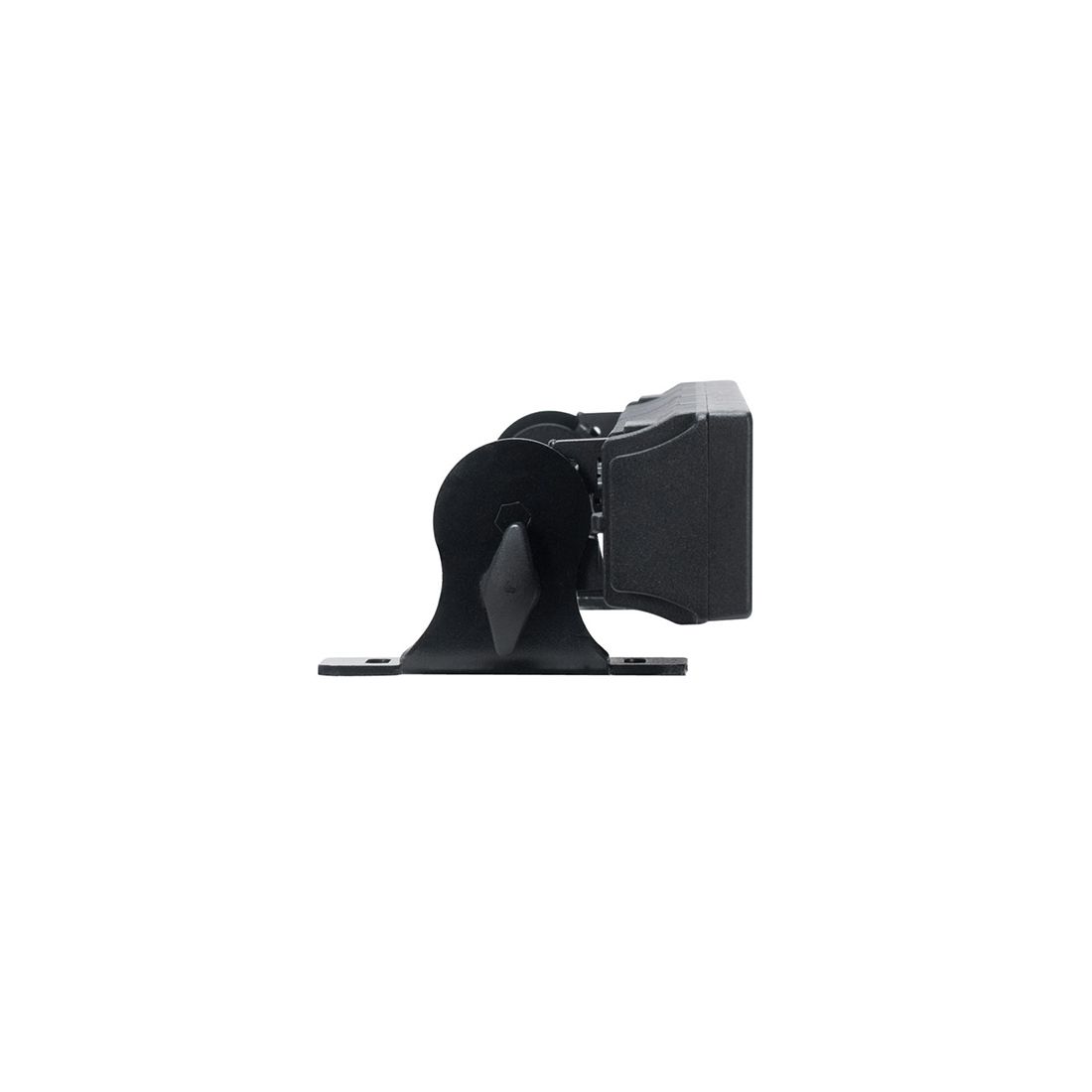 Side view of a Magmatic Prisma Mini Bar 20 - 365nm by Magmatic, a black, rectangular electronic device featuring a 365nm LED, mounted on a flat metal bracket against a plain white background—ideal for IP65 linear UV-A wash and outdoor wall grazing applications.