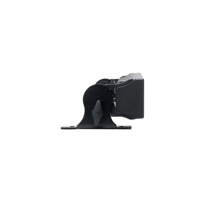 Side view of a Magmatic Prisma Mini Bar 20 - 365nm by Magmatic, a black, rectangular electronic device featuring a 365nm LED, mounted on a flat metal bracket against a plain white background—ideal for IP65 linear UV-A wash and outdoor wall grazing applications.