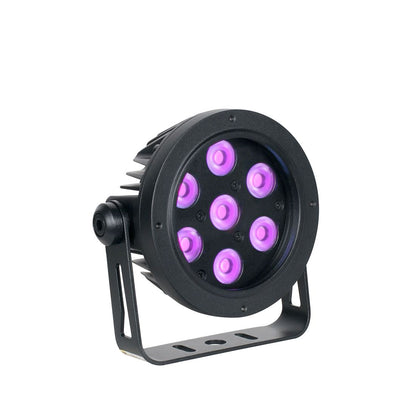 The Magmatic Prisma Mini Par 20 - 365nm by Magmatic is a black LED stage light equipped with seven purple bulbs, mounted on a durable metal bracket for event or performance use. Utilizing advanced 365nm UV-A LED technology and a narrow beam blacklight design, this IP65-rated outdoor fixture delivers exceptional illumination in demanding environments.