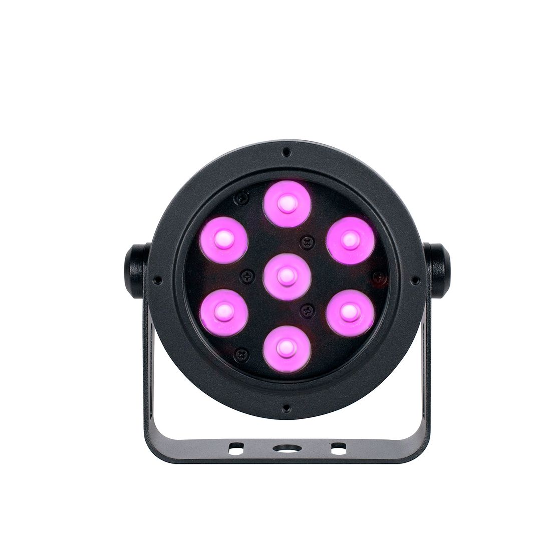 The Magmatic Prisma Mini Par 20 - 365nm by Magmatic is a black circular LED stage light with seven glowing pink bulbs, mounted on a metal bracket and photographed against a white background. It features advanced 365nm UV-A LED technology for powerful, narrow-beam blacklight effects, making it perfect for IP65-rated outdoor lighting applications.