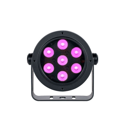 The Magmatic Prisma Mini Par 20 - 365nm by Magmatic is a black circular LED stage light with seven glowing pink bulbs, mounted on a metal bracket and photographed against a white background. It features advanced 365nm UV-A LED technology for powerful, narrow-beam blacklight effects, making it perfect for IP65-rated outdoor lighting applications.