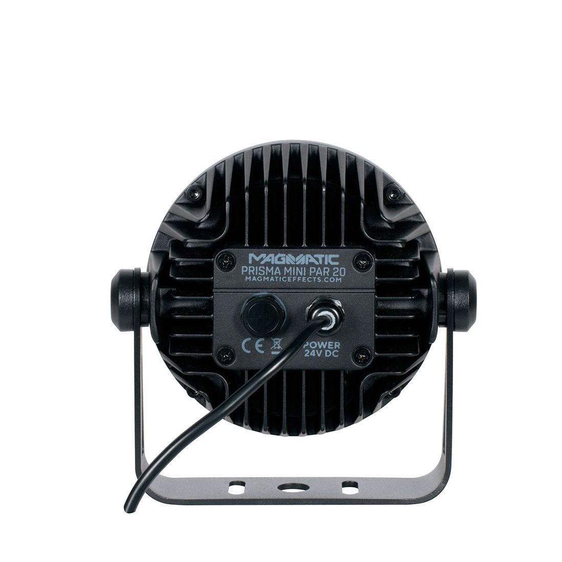 Rear view of a black Magmatic Prisma Mini Par 20 - 365nm stage light by Magmatic, showcasing a visible power cable, mounting bracket, and product labeling on the back panel. This fixture utilizes a 365nm UV-A LED for vibrant effects and is designed for IP65-rated outdoor lighting applications.