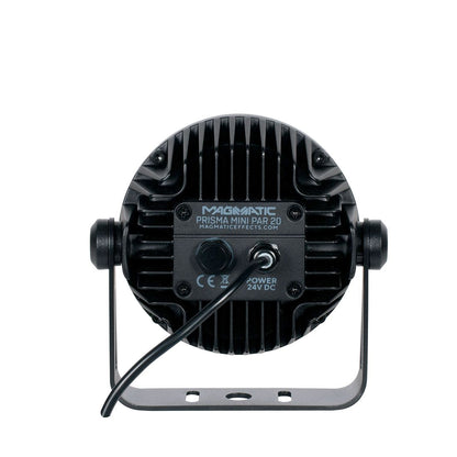 Rear view of a black Magmatic Prisma Mini Par 20 - 365nm stage light by Magmatic, showcasing a visible power cable, mounting bracket, and product labeling on the back panel. This fixture utilizes a 365nm UV-A LED for vibrant effects and is designed for IP65-rated outdoor lighting applications.