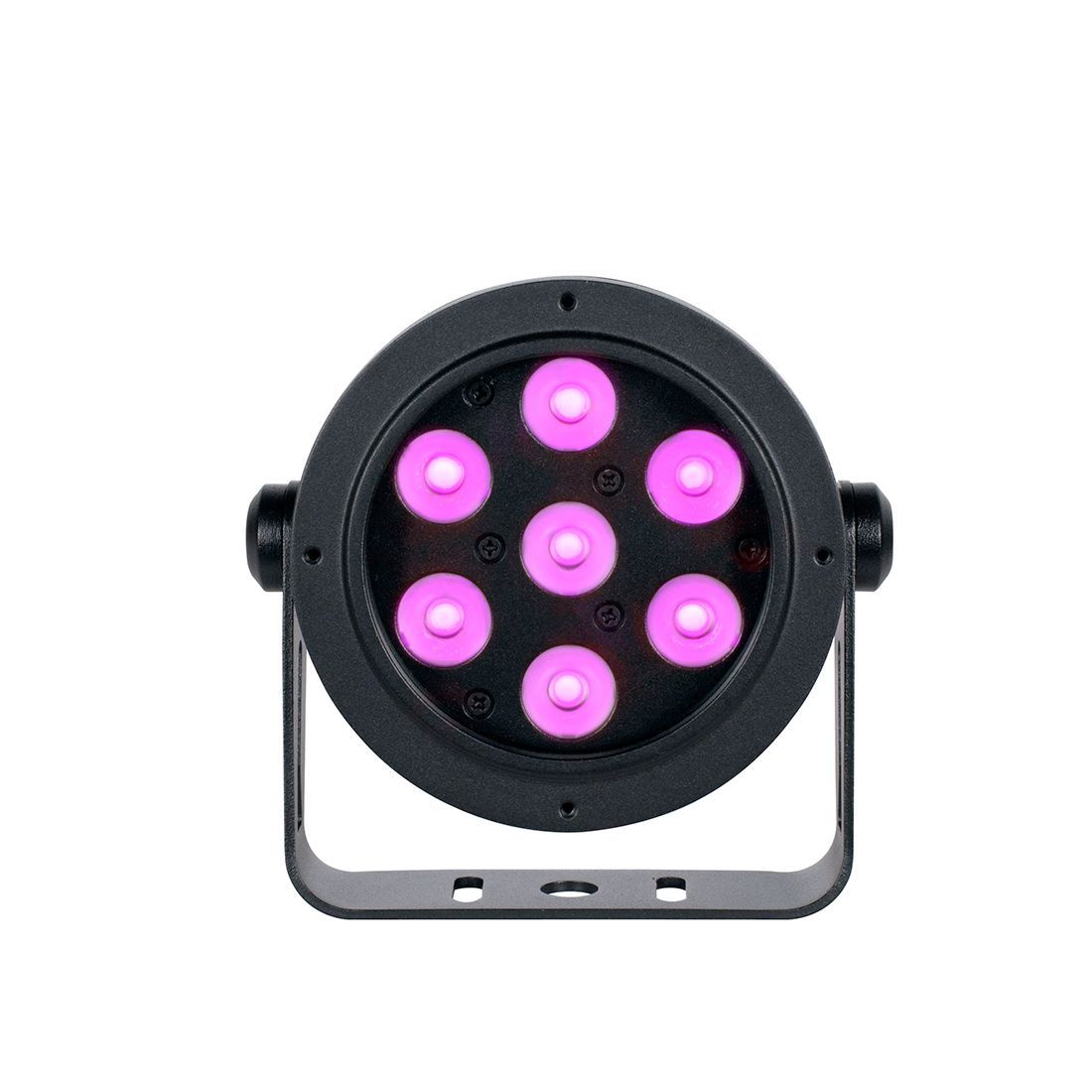 A Magmatic Prisma Mini Par 45 - 365nm by Magmatic, featuring IP65 UV-A par technology, is a round black LED stage light with seven illuminated pink bulbs. Mounted on a metal bracket, it faces forward against a white background.
