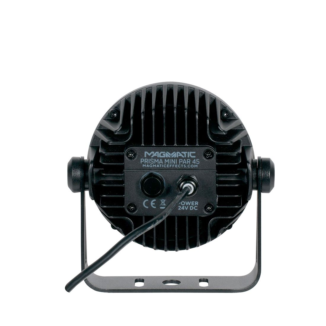 A rear view of the Magmatic Prisma Mini Par 45 - 365nm by Magmatic showcases its power port, label, and mounting bracket. This compact IP65 UV-A par fixture delivers vibrant ultraviolet effects with its 365nm LED.