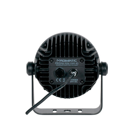 A rear view of the Magmatic Prisma Mini Par 45 - 365nm by Magmatic showcases its power port, label, and mounting bracket. This compact IP65 UV-A par fixture delivers vibrant ultraviolet effects with its 365nm LED.