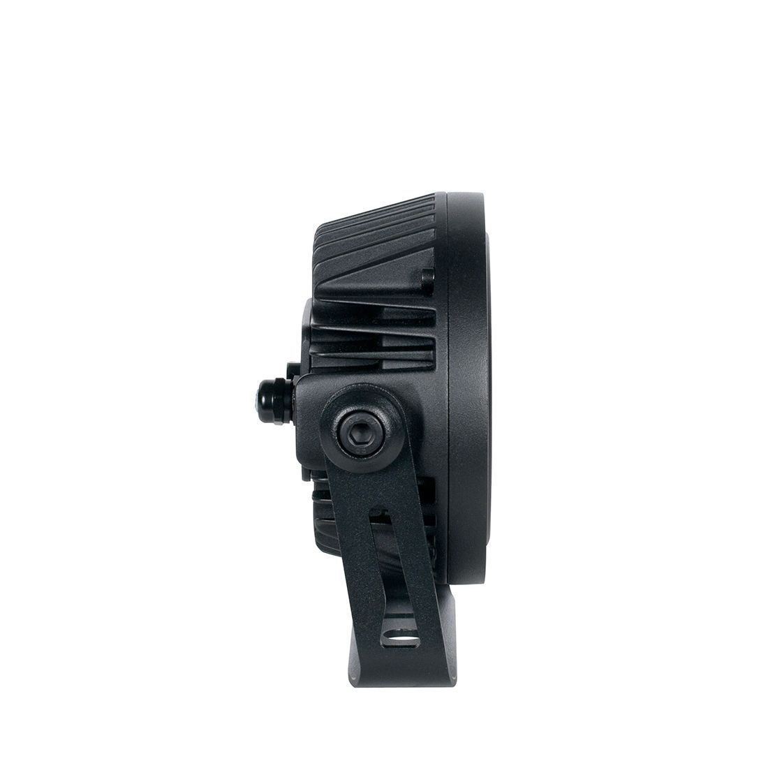 Side view of a Magmatic Prisma Mini Par 45 - 365nm, a round, black industrial LED light with a ribbed heat sink and an adjustable mounting bracket, featuring Prisma Driver 8 technology by Magmatic, isolated on a white background.