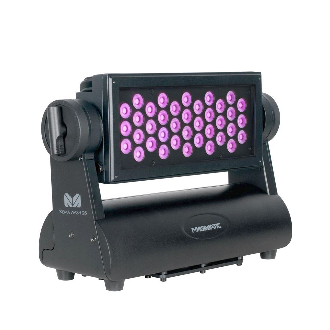A black Magmatic Prisma Wash 25 - 365nm UV-A wash fixture stage lighting unit, featuring a rectangular array of glowing purple 365nm LEDs and labeled with the Magmatic brand name on the side and base, stands against a white background. Designed for versatile outdoor performance, this blacklight delivers vibrant illumination in any environment.