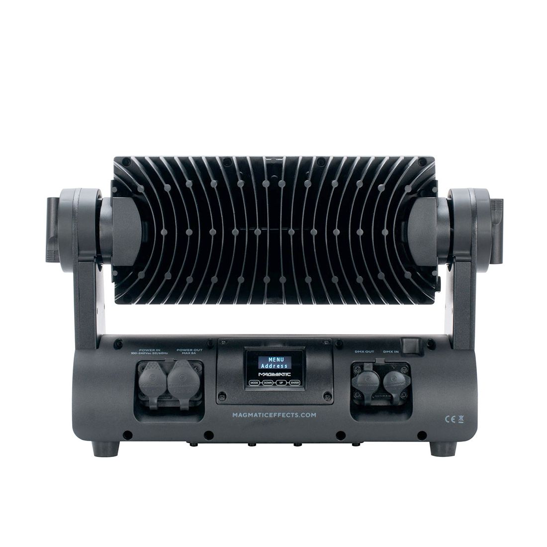 The Magmatic Prisma Wash 25 - 365nm by Magmatic is a professional stage fog machine featuring a digital display, intuitive control buttons, and two large circular vents on each side, complemented by cooling fins on the top section. Its sleek black rectangular design makes it an excellent match for outdoor-rated blacklights or UV-A wash fixtures to maximize your stage effects.