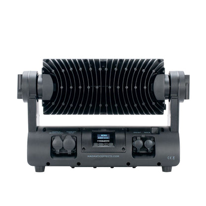 The Magmatic Prisma Wash 25 - 365nm by Magmatic is a professional stage fog machine featuring a digital display, intuitive control buttons, and two large circular vents on each side, complemented by cooling fins on the top section. Its sleek black rectangular design makes it an excellent match for outdoor-rated blacklights or UV-A wash fixtures to maximize your stage effects.