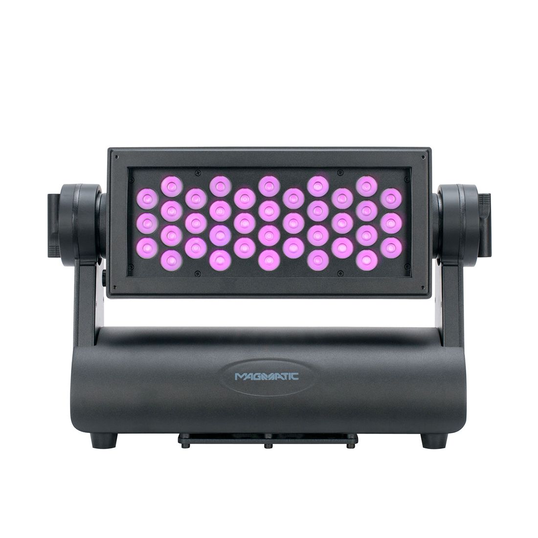 The Magmatic Prisma Wash 25 - 365nm is a black LED stage light fixture featuring 36 circular pink UV-A lights arranged in a rectangular grid, mounted on a robust U-shaped base with the Magmatic branding. Ideal for both indoor and outdoor events, this wash fixture delivers vibrant ultraviolet effects perfect for enhancing any atmosphere.